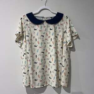 Jessy B Whimsical Short Sleeve Blouse Peter Pan Collar Cat/Kitten Print Size 2X